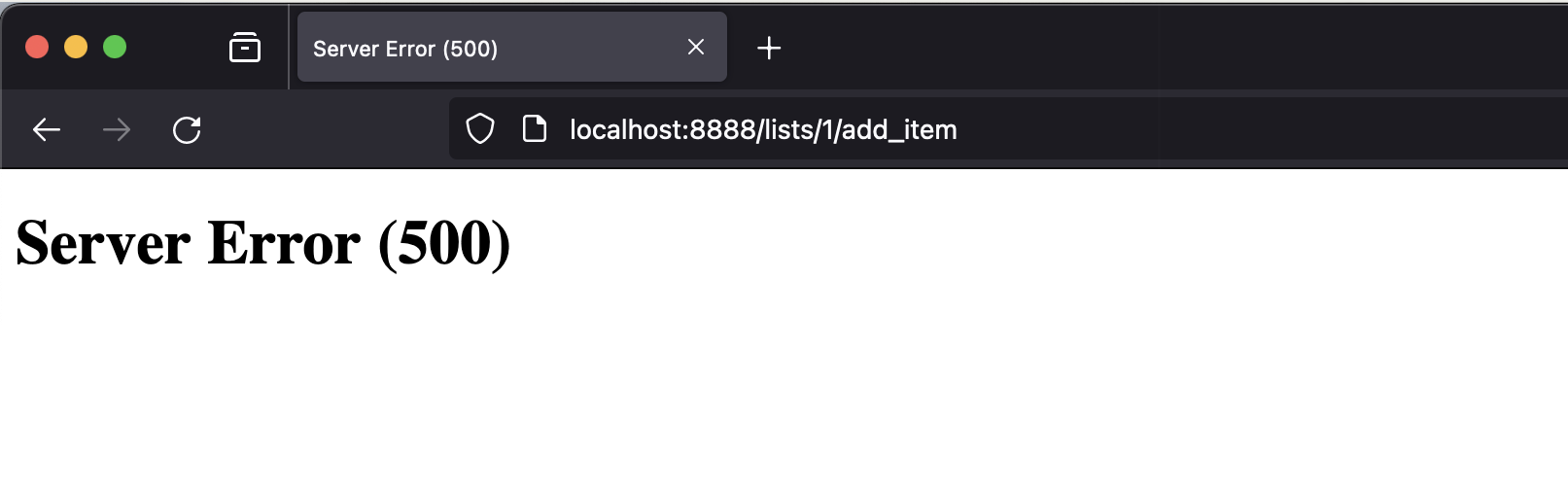 A minimal error page saying just Server error (500)