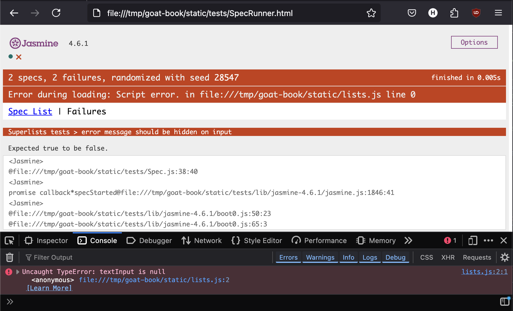 Screenshot of devtools console showing the textInput is null TypeError